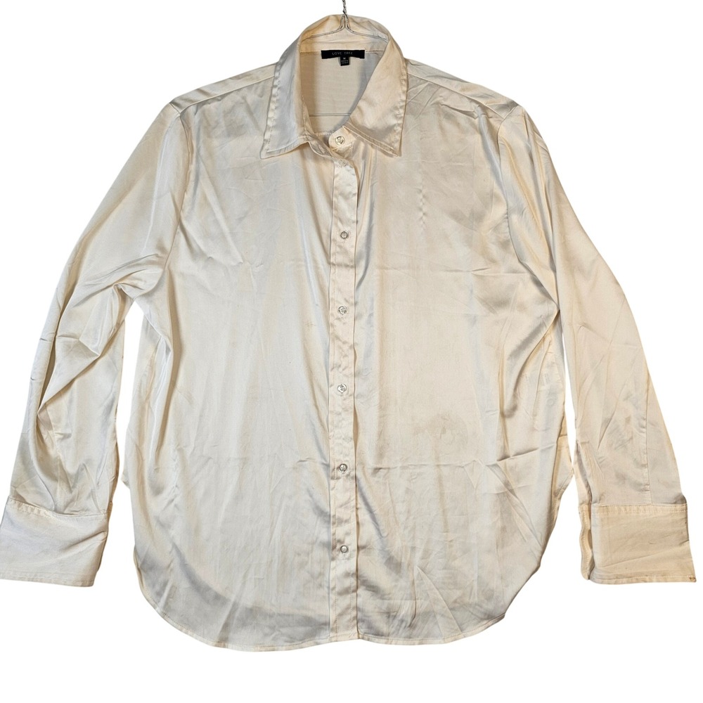 Love Tree Cream Satin Button Down Long Sleeve Shirt Medium Creamy Beige Blouse